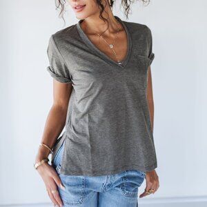 Heather Gray V Neck Pocket Tee Rolled Sleeve Casual T Shirt NWT Size Small